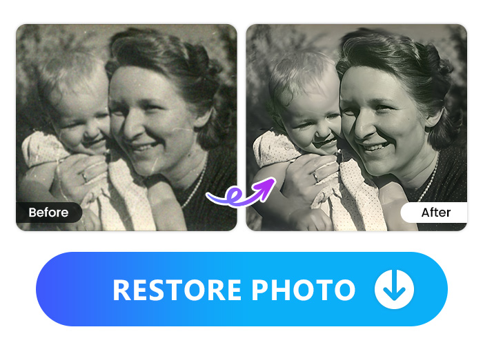 collage an old photo of a mother holding her child and AI enhanced photo